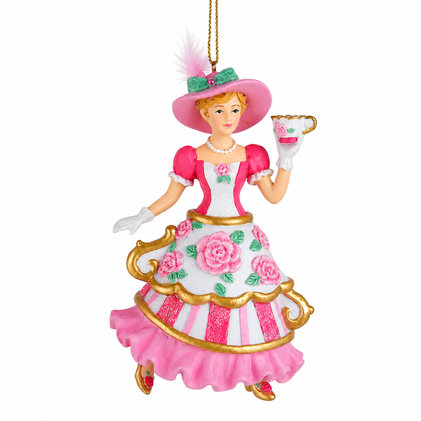Blonde tea lady Christmas ornament with tea-themed decorative styling.
4.25-inch resin ornament from Kurt Adler's Tea Lady assortment.
Whimsical tea party ornament for High Tea and festive holiday displays.