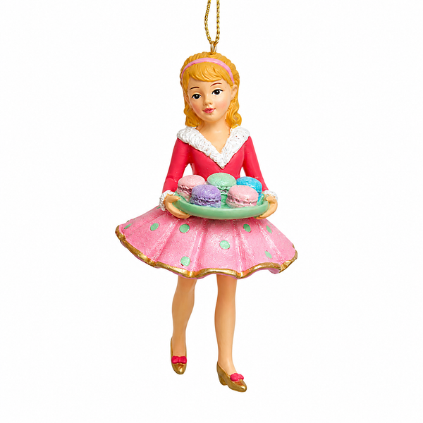Blonde dessert girl Christmas ornament with tea time styling.
4.25-inch resin Tea Time Dessert Girl ornament by Kurt Adler.
Whimsical bakery-themed ornament for pastel and dessert holiday displays.