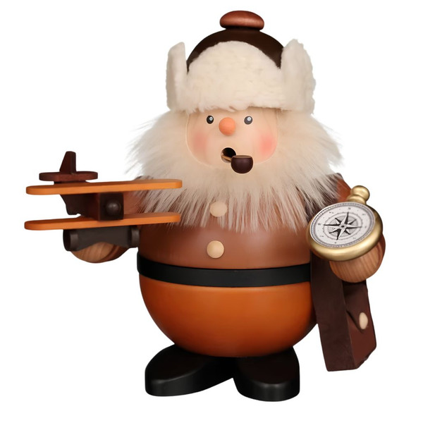Christian Ulbricht wooden pilot smoker holding a plane and compass.
Natural finish German incense smoker with white beard and pilot hat.
Wood Christmas smoker figure with pipe, plane, and compass details.