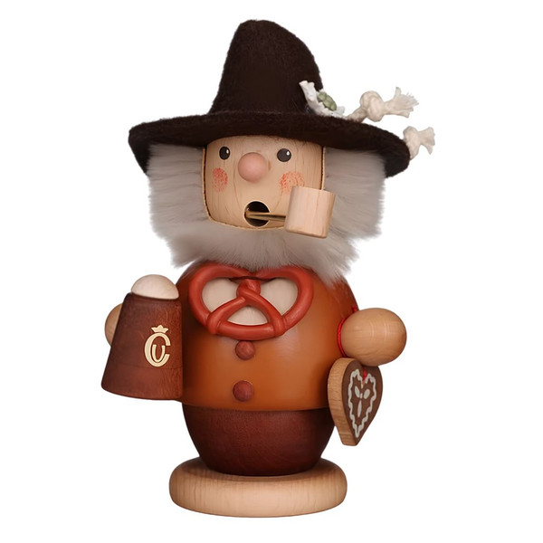 Christian Ulbricht Bavarian beer drinker smoker with hat and pipe.
Wood German incense burner holding beer and gingerbread accessories.
Natural wood Bavarian smoker with pretzel, edelweiss, and white beard.