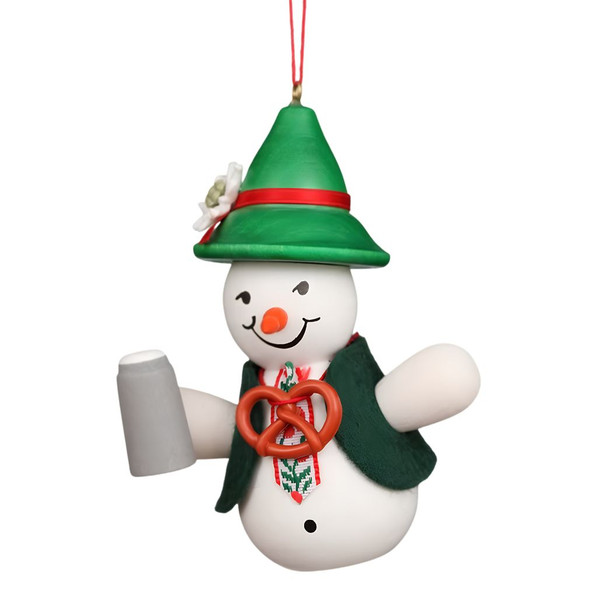 Christian Ulbricht Bavarian snowman ornament holding a beer stein.
Wood hanging ornament with green Alpine hat, pretzel, and festive details.
German-made snowman Christmas ornament with traditional Bavarian styling.