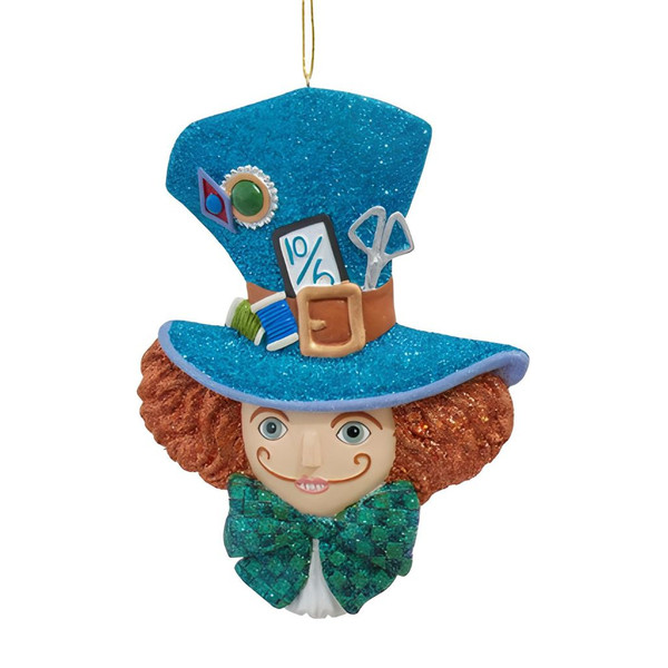 Mad Hatter ornament with blue glitter hat, red hair, and green bow tie.
Whimsical resin and acrylic character head ornament with colorful hat details.
Kurt Adler Mad Hatter Christmas ornament with glitter accents and gold hanging cord.