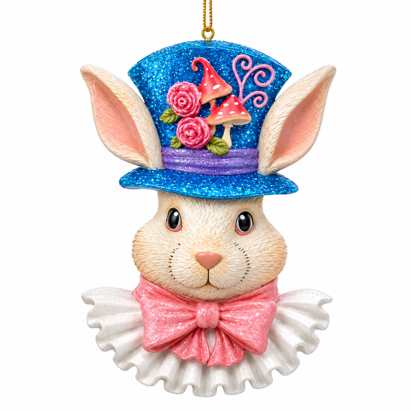White Rabbit ornament with glittered blue top hat, pink bow tie, and large rabbit ears.
Whimsical resin and acrylic rabbit ornament with floral and mushroom hat accents.
Storybook-inspired White Rabbit Christmas ornament with colorful glitter details.