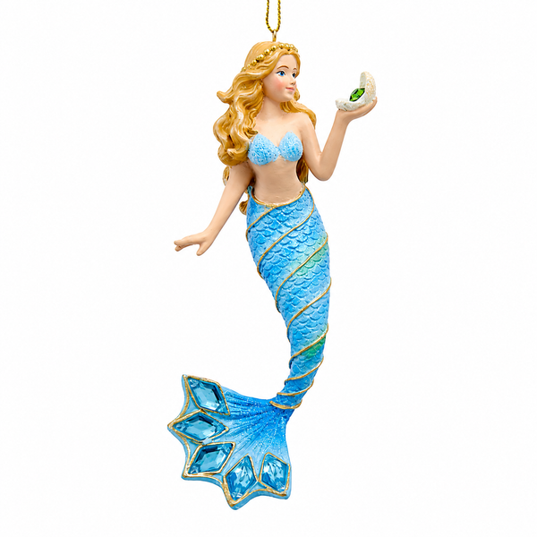 Mermaid ornament with blonde hair, blue tail, gold details, and gem accents.
Coastal resin and acrylic mermaid ornament with shimmering blue tail.
5.5-inch blue mermaid Christmas ornament for beach-themed holiday décor.