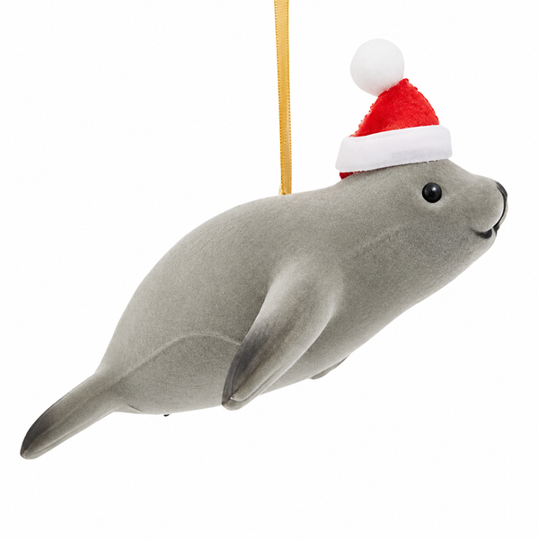 Swimming gray seal Christmas ornament wearing a red Santa hat
Gray seal ornament with flippers and hanging ribbon for holiday décor
Kurt Adler 3.7 inch seal ornament with festive Santa hat