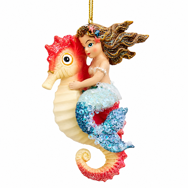 Mermaid riding colorful seahorse Christmas ornament with glitter accents
Coastal ornament showing mermaid with flowing hair on red and cream seahorse
Kurt Adler mermaid and seahorse ornament for beach-themed holiday décor