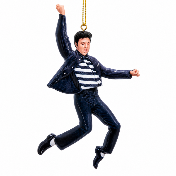 Elvis Presley Christmas ornament featuring his famous swinging hips performance pose.
5-inch resin ornament depicting the King of Rock 'n' Roll in stage attire.
Music-themed collectible holiday ornament for Elvis fans and collectors.