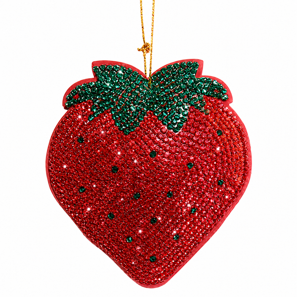 Bedazzled strawberry Christmas ornament with glittering fruit-inspired details.
UV-reactive strawberry ornament made with fabric mâché, plastic, and polyester.
Sparkling strawberry ornament for trees, garlands, kitchen décor, and dessert themes.