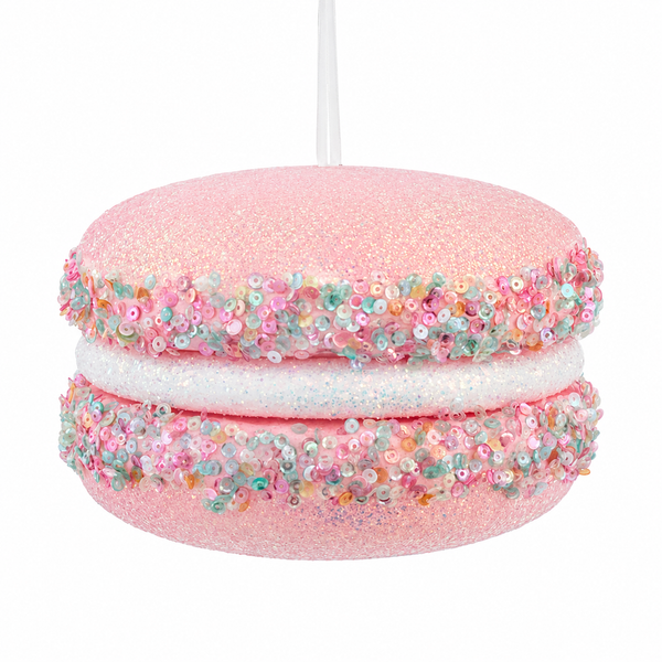 Pink macaron Christmas ornament with glittered cookie texture and colorful sprinkle-style accents.
Dessert-themed hanging ornament shaped like a pink sandwich cookie.
Pastel pink cookie ornament for candy, bakery, and whimsical Christmas décor.