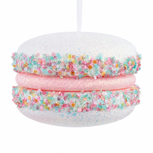White macaron Christmas ornament with glittered cookie texture and colorful sprinkle-style accents.
Dessert-inspired hanging ornament shaped like a white sandwich cookie.
Pastel white cookie ornament for candy, bakery, and whimsical Christmas décor.
