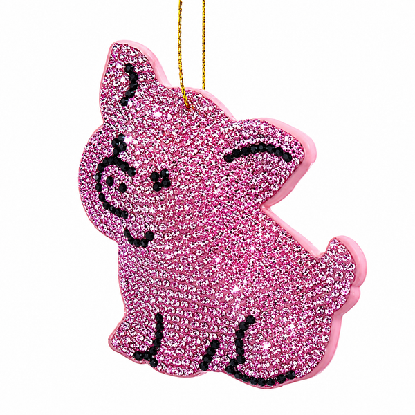 Pink bedazzled pig Christmas ornament with black accent details
3 inch pig ornament made with fabric mâché, plastic, and polyester
Sparkling animal ornament hanging from a gold cord