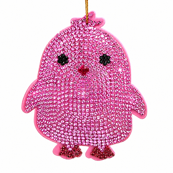 Bedazzled chick Christmas ornament with glitter and gem accents
3 inch chick ornament made with fabric mâché, plastic, and polyester
Sparkling chick animal ornament for Christmas tree decorating