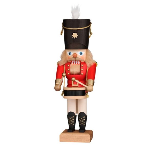 Red Drummer nutcracker with black hat and white plume, wearing red uniform with gold accents, holding drumsticks, 11.5 inches tall, wooden.
Front view showing detailed face and uniform.
Decorative German Christmas nutcracker for mantel or tabletop display.