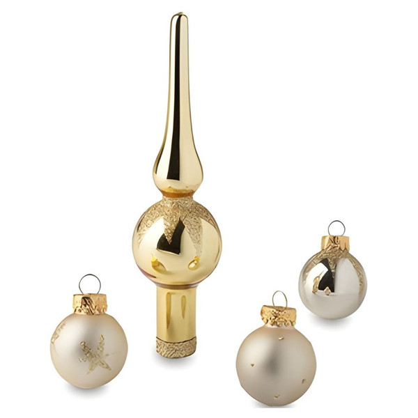 “Gold miniature glass ball ornaments with treetop finial, 15-piece set”
“Holiday tree ornament set with shiny and frosted gold balls and pointed treetop”
“Boxed set of 15 small gold glass Christmas ornaments including treetop topper”