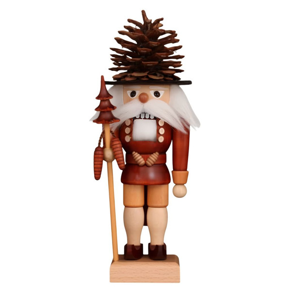 Front view of Christian Ulbricht Coneman Nutcracker
Natural wood finish with pinecone hat and white beard
11.2 inches tall, handcrafted wooden figure