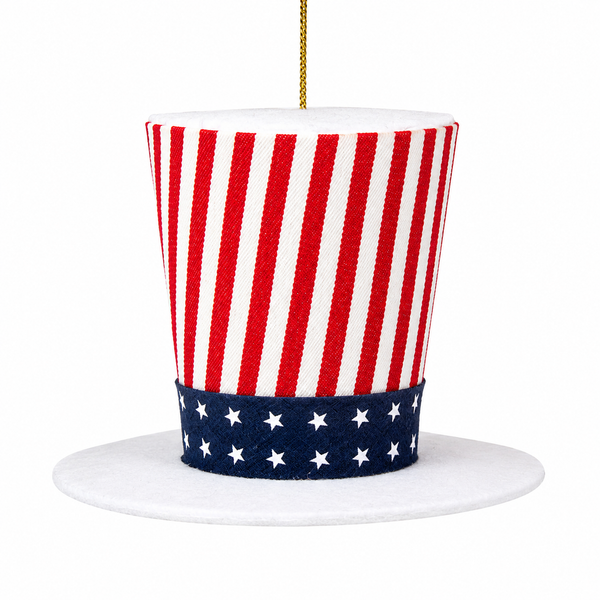 White top hat ornament with red and white stripes, blue star band, hanging from gold string.