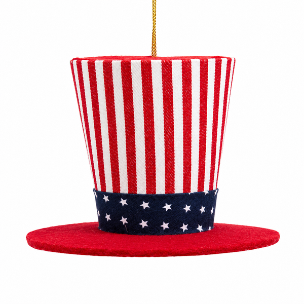 Red top hat ornament with red and white stripes, blue star band, hanging from gold string.