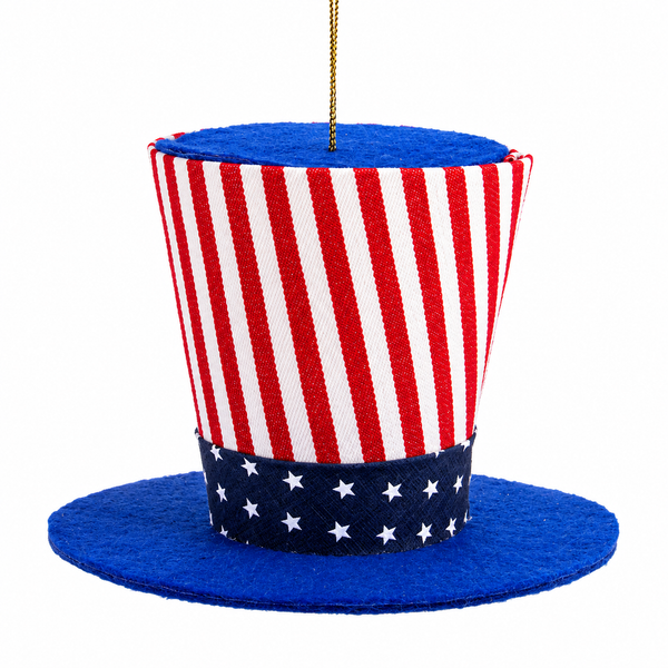 Blue top hat ornament with red and white stripes, blue star band, hanging from gold string.