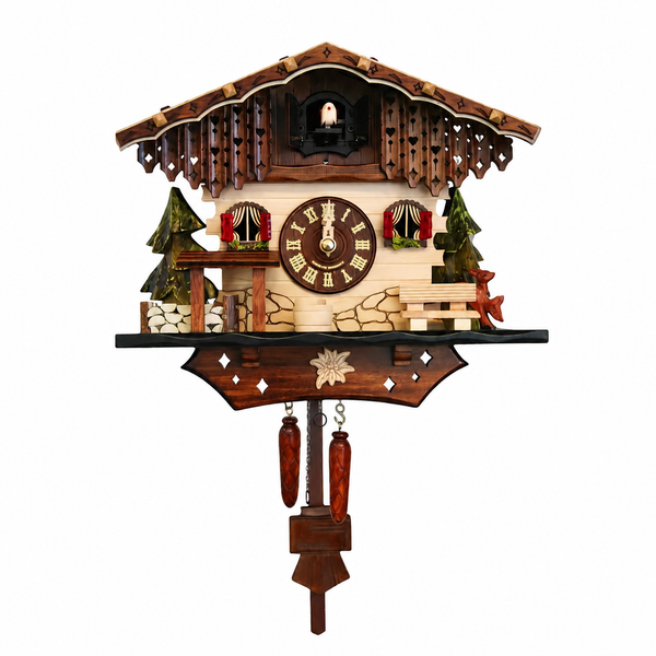 Front view of Black Forest wooden cuckoo clock, 8.5"H x 10"W, battery-operated, with chalet design and pine tree accents.
Cuckoo bird at top of clock above analog dial.
Decorative wooden bench and carved details on clock façade.