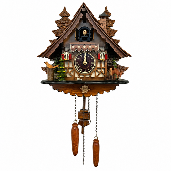 Front view of chalet cuckoo clock, 12"H x 12"W, wooden construction with detailed façade.
Cuckoo bird visible at top of clock above dial.
Carved pine tree and miniature decorative accents on base.