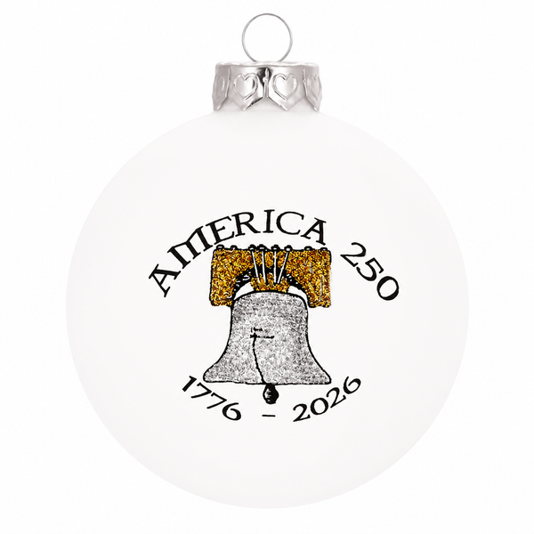 Round glass ornament featuring the Liberty Bell in metallic silver and gold accents, 3.5-inch size, made in North Carolina, USA.