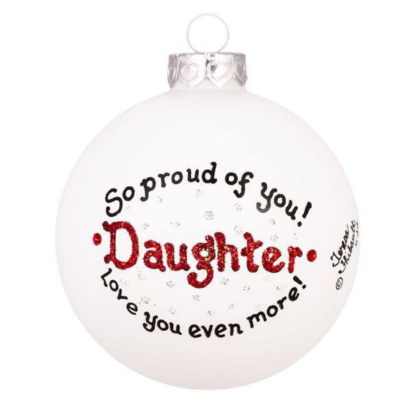 White glass daughter ornament with red glitter lettering and love message.
Round Heart Gifts by Teresa ornament with Swarovski crystal accents.
3.5 inch glass ornament made in North Carolina for daughters.
