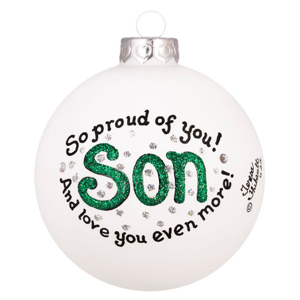White glass son ornament with green glitter lettering and proud message.
Round Heart Gifts by Teresa ornament with Swarovski crystal accents.
3.5 inch glass ornament made in North Carolina for sons.
