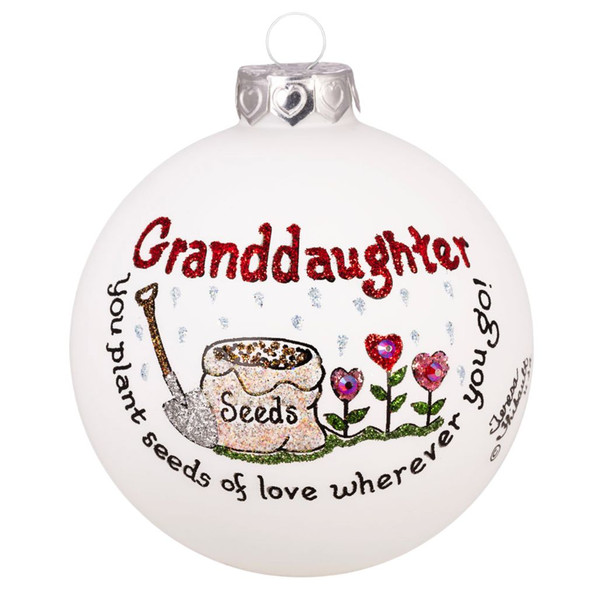 White glass granddaughter ornament with seed bag, shovel, and flowers.
Round Heart Gifts by Teresa ornament with Swarovski crystal accents.
3.5 inch glass ornament made in North Carolina for granddaughters.
