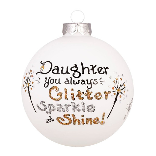 White glass daughter ornament with glittered sparkle and shine message.
Round Heart Gifts by Teresa ornament with Swarovski crystal accents.
3.5 inch handmade glass ornament made in North Carolina.