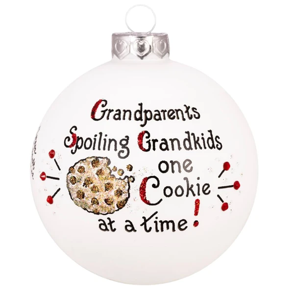 White round glass grandparents ornament with glitter cookie design.
Ornament reads “Grandparents spoiling grandkids one cookie at a time!”
Glass ornament with silver cap, red crystal accents, and black lettering.
