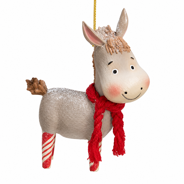 Gray donkey ornament with candy cane-striped legs and a bright red scarf.
Whimsical Kurt Adler donkey ornament with frosted holiday detailing.
4-inch resin Christmas ornament featuring a friendly donkey design.
