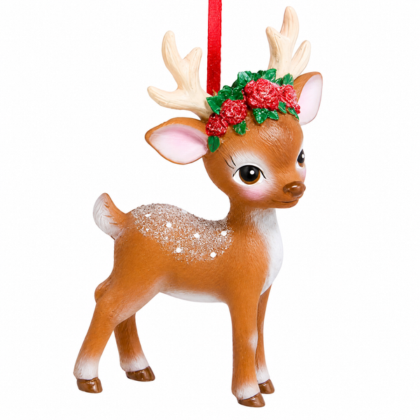 Standing deer Christmas ornament with antlers and a crown of red flowers and green leaves.
Kurt Adler woodland deer ornament with snowy detailing and soft brown and white coloring.
3.8-inch resin deer ornament with floral accents and red ribbon hanger for holiday decorating.