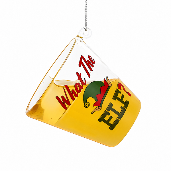 Glass tequila shot Christmas ornament with “What The Elf?” lettering.
Tilted shot glass ornament with golden drink detail and elf hat graphic.
2.6-inch funny bar-themed ornament hanging from a silver cord.
