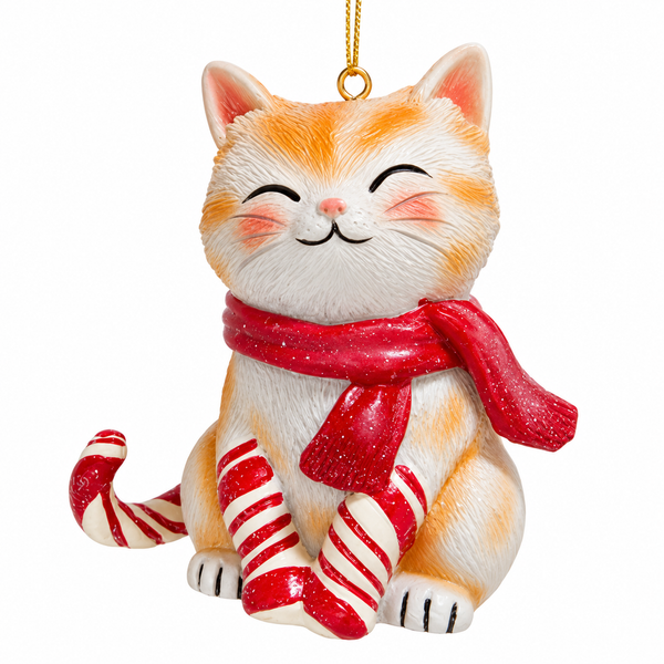 Orange and white cat Christmas ornament with red scarf and candy cane striped accents.
Resin cat ornament featuring striped paws, curled candy cane tail, and smiling expression.
3-inch pet-themed holiday ornament with gold hanging cord.