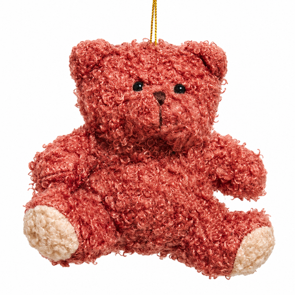 Brown teddy bear Christmas ornament with curly plush-style texture.
Fabric mache teddy bear ornament with dark eyes, stitched nose, and light paw pads.
4-inch teddy bear holiday ornament hanging from a gold cord.