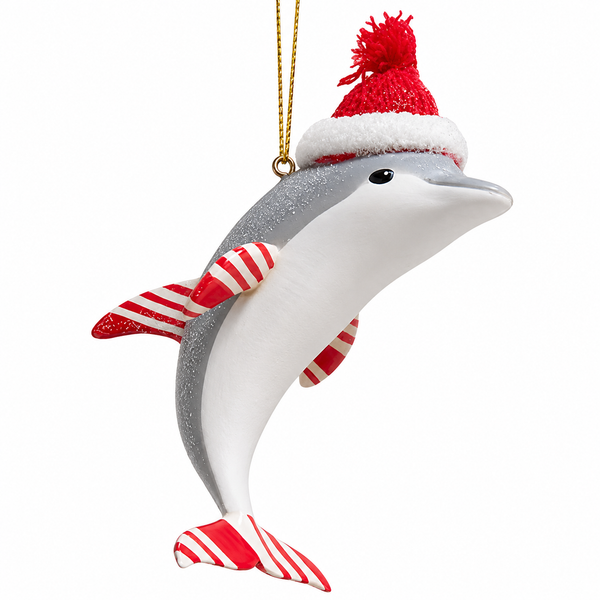 Candy cane dolphin Christmas ornament with red-and-white striped fins and tail.
Gray and white resin dolphin wearing a red winter hat with white trim.
3.5-inch hanging holiday ornament with gold cord for Christmas tree display.