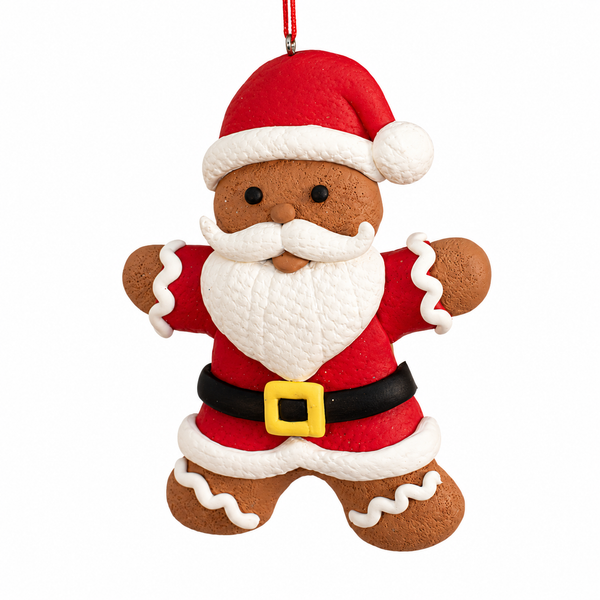 Gingerbread Santa Christmas ornament with red suit and white icing-style trim.
Claydough Santa cookie ornament featuring a beard, belt, and Santa hat.
4.5-inch gingerbread-themed holiday ornament hanging from a red cord.