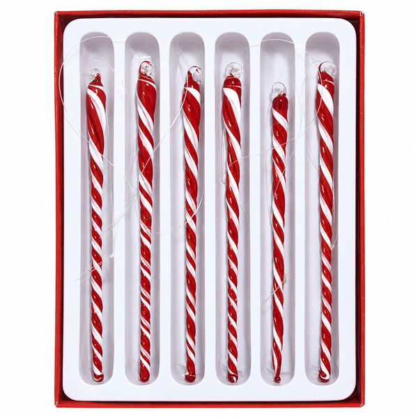 Set of six red and white twist icicle Christmas ornaments in a box.
Glass icicle ornaments with candy cane striped spiral design.
6-inch red and white hanging icicle ornament set with clear hanging loops.