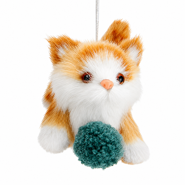 Orange and white furry cat Christmas ornament with teal yarn ball.
Cat ornament with plush-style fur, glossy eyes, pink nose, and silver hanging cord.
3.5-inch pet-themed holiday ornament made from polypropylene and plastic.