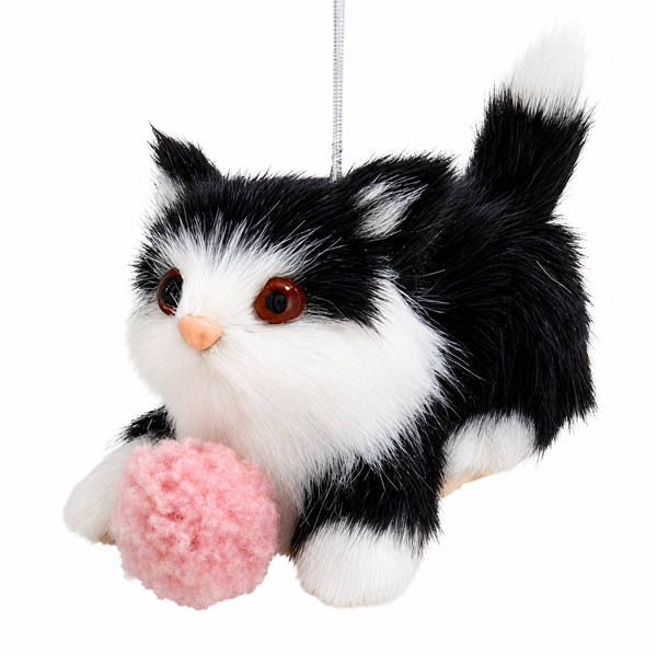 Black and white furry cat ornament holding a pink yarn ball.
Cat-themed Christmas ornament with plush-style fur, large eyes, and hanging cord.
3.5-inch ornament made from polypropylene and plastic.