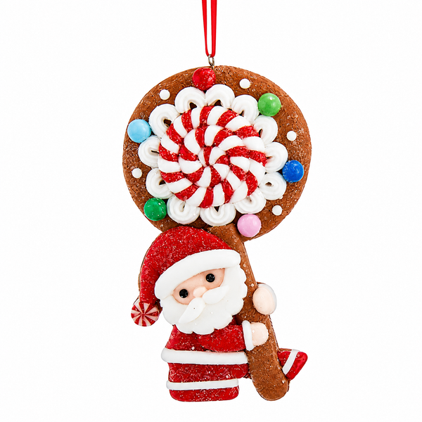 Santa ornament holding a large gingerbread cookie with peppermint swirl frosting.
Claydough Christmas ornament with colorful candy accents and glittered details.
5-inch gingerbread-themed Santa ornament with red hanging ribbon.