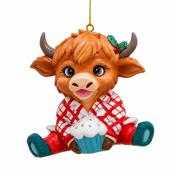 Highland cow Christmas ornament wearing red plaid pajamas and slippers.
Resin Highland cow ornament holding a frosted cupcake with holly accent.
3.15-inch whimsical farm animal ornament with shaggy brown hair and horns.