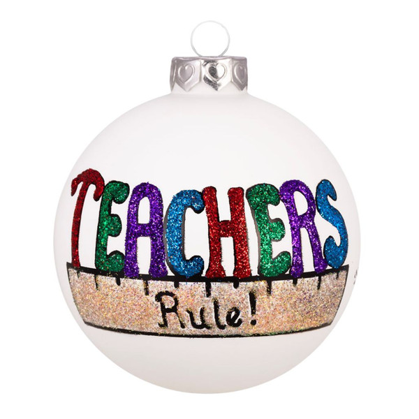 White glass teacher ornament with colorful glitter “Teachers Rule!” lettering.
Heart Gifts by Teresa teacher ornament with ruler design and Swarovski crystals.
3.5-inch glass teacher keepsake ornament with silver hanging cap.