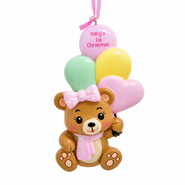 Baby’s 1st Christmas girl bear ornament holding pastel balloons.
Resin teddy bear ornament with pink bow, pink scarf, and printed balloon text.
3.75-inch Kurt Adler keepsake ornament that can be hand personalized.
