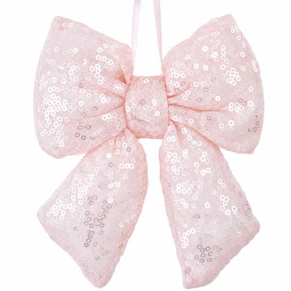 Light pink sequin bow holiday decoration with sparkling finish.
Polyester Christmas bow in soft pink with classic bow shape.
5.9-inch pink sequin bow for trees, wreaths, garlands, or gifts.