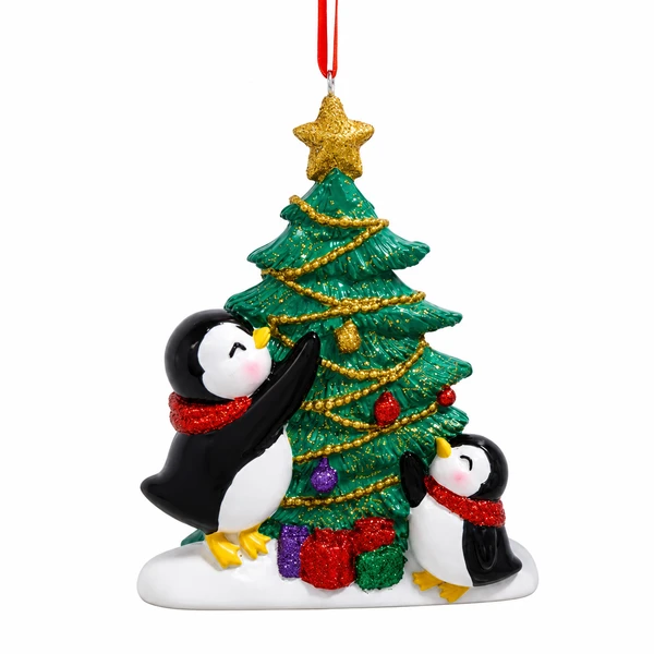 Penguin family decorating Christmas tree ornament with colorful ornaments and presents.
Resin holiday ornament featuring two penguins, gold garland, and glittered accents.
3.75-inch Christmas ornament with festive tree and winter family theme.