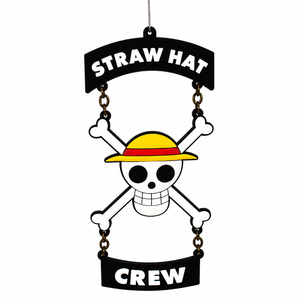One Piece ornament with Straw Hat Crew skull-and-crossbones emblem.
Plastic and metal hanging ornament with black panels reading “STRAW HAT” and “CREW.”
5-inch Kurt Adler officially licensed One Piece™ Christmas ornament.