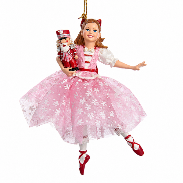 Dancing Clara ornament wearing a pink dress and holding a nutcracker.
Resin Nutcracker-themed Christmas ornament with red ballet shoes and floral skirt.
5-inch Kurt Adler hanging ornament for ballet and theater holiday décor.