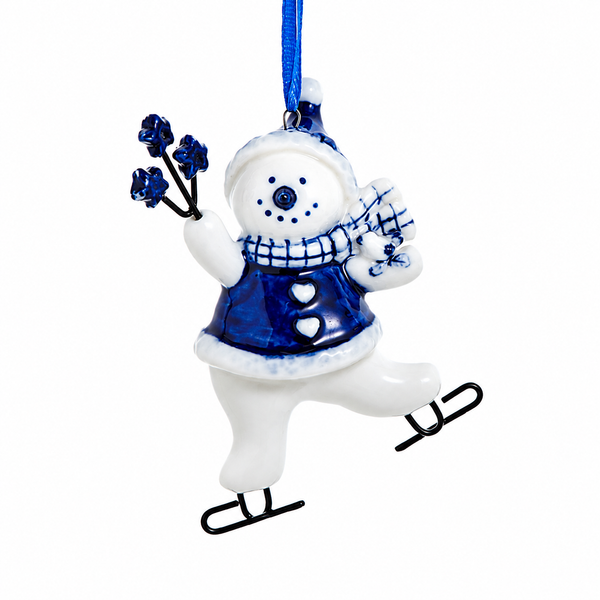 Ice skating snowman ornament holding blue flowers and wearing a blue coat.
Porcelain snowman Christmas ornament with scarf, skates, and painted mica details.
3.5-inch Kurt Adler hanging ornament for winter and snowman holiday décor.