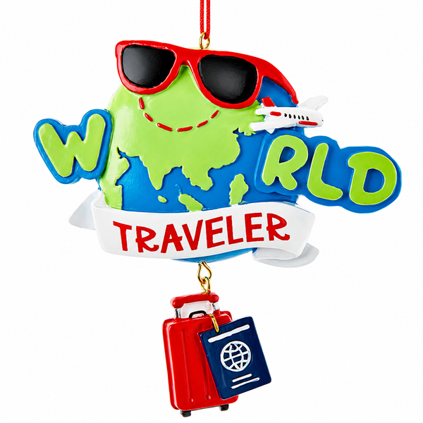 World traveler ornament with globe, red sunglasses, airplane, suitcase, and passport.
Resin Christmas ornament with bold “WORLD TRAVELER” lettering and travel details.
3.75-inch Kurt Adler hanging ornament for travel lover holiday décor.